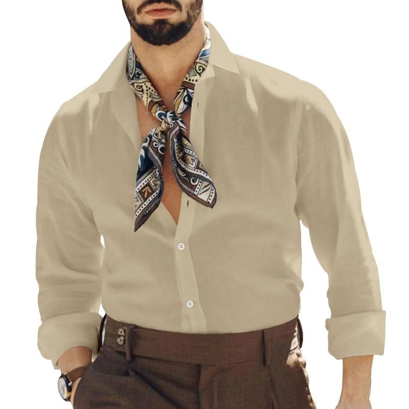 Plus Size Cotton-Linen Blend Spring/Summer New Arrival Men's Casual Collared Solid-Colour Long-Sleeved Shirt