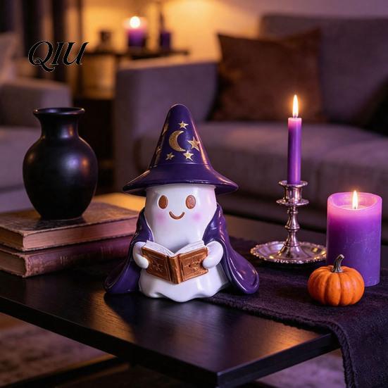 Desktop Halloween Ornament Lighted Ghost Figurine, Resin Wizard Statue with LED Light, Cute Holiday Figurine Reading Book Night Light for Home