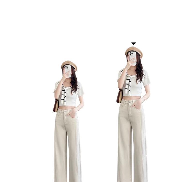 Women's Off-White Tencel Wide-Leg Denim Pants, Summer 2025 Petite Elastic Patchwork Ice Silk Straight-Leg Pants