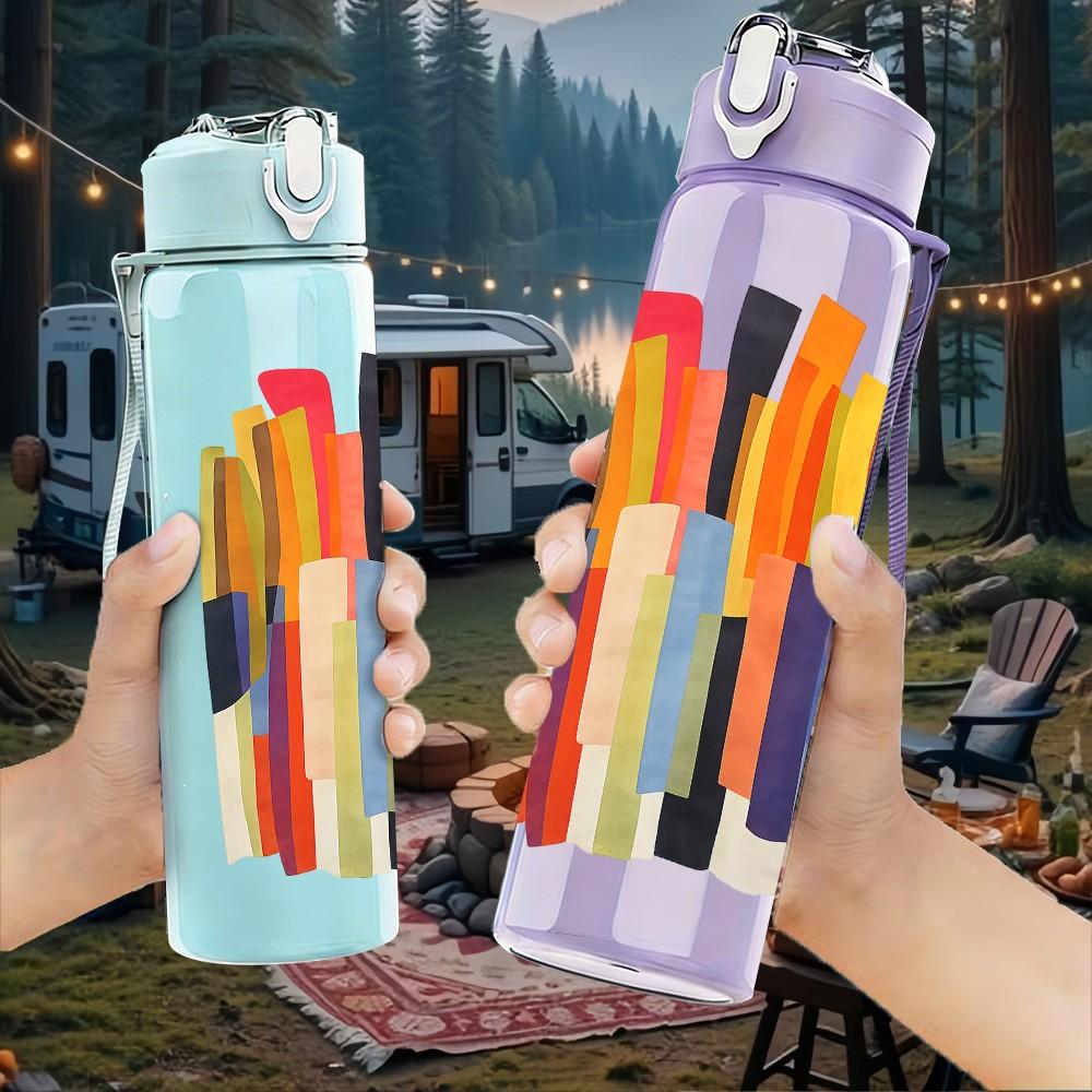 1PC Stacked Colorful Pencil Art Print 750ml Color Plastic Sports Water Bottle Leakproof Flip Straw Lid Suitable for Sports Office Home Use