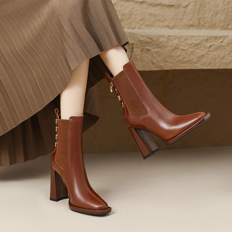 Vintage Women Chelsea Boots Fashion Elegant Square Toe Shoes Autumn Winter Thick High Heel Women's Short Booties