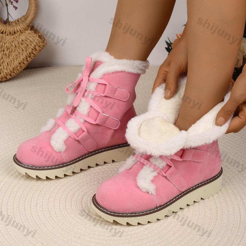 Fashion Thick Plush Snow Boots for Women Winter Warm Lace Up Flat Warm Cotton Shoes Woman Lightweight Outdoor Ankle Boots Plus Size 43