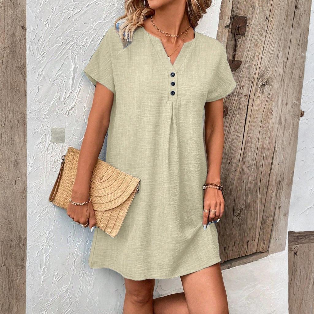 Ladies' Loose Comfortable Casual And Fashionable Summer Solid Color V-neck Tie Buckle Dress