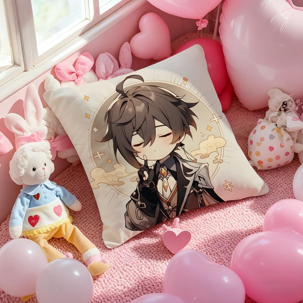 Zhongli Genshin Impact Cushion Cover Pattern Printed Pillowcase for Living Room Sofa Cushion Cover & Bedroom Decor