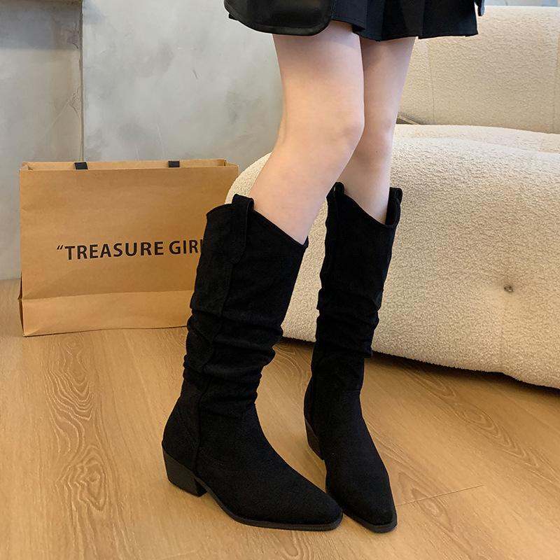 Large Tube Circumference Large Size Women's Shoes Suede Stacking Boots Western Cowboy Boots Thick Leg Boots Thigh Circumference Knight Boots