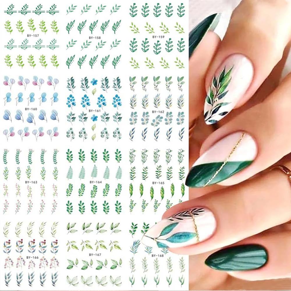 S.A.V.I Floral Nail Decals - 12 Green Plant Designs, Water Transfer Nail Art Stickers