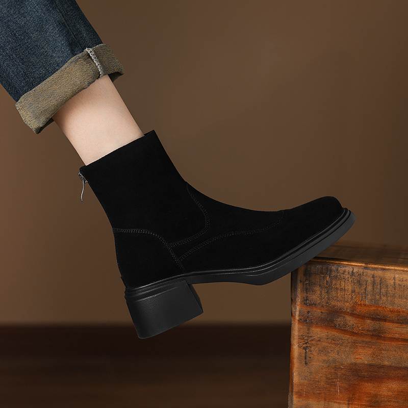 Krazing Pot Cow Suede Nubuck Round Toe Thick Heels Chelsea Boots Size 42 Concise Style Women Keep Warm Ankle Boots