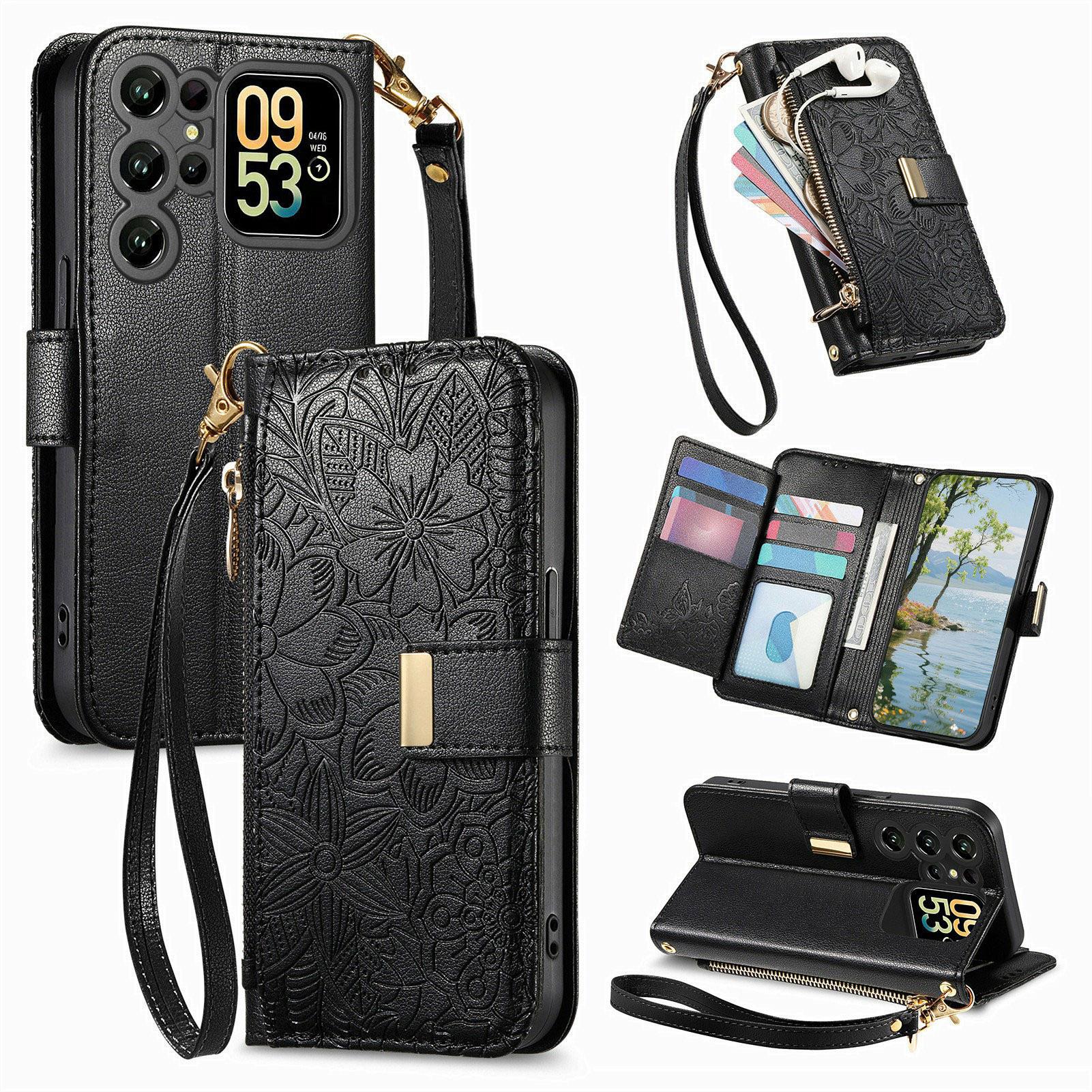 

For Oukitel C62 Case Floral Leaf Pattern Multi Card Slots Zipper Leather Phone Cover with Wrist Strap