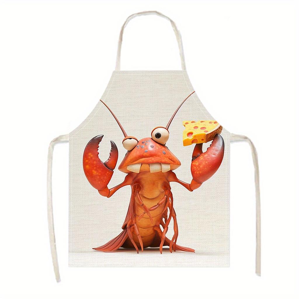 1pc, Funny Cartoon Lobster Holding Cheese Kitchen Apron Novelty Chef Cooking Bib For Seafood Lovers Linen Material Unisex
