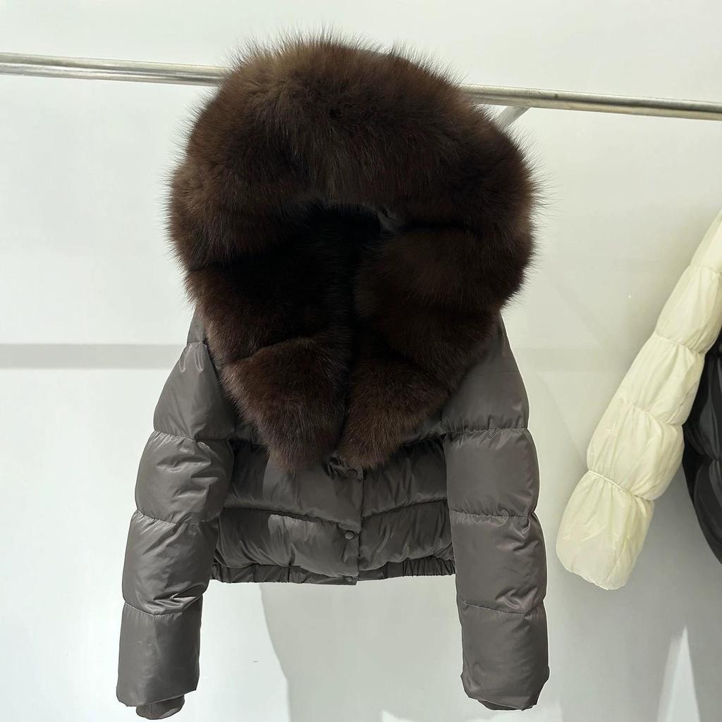 Women's Luxury Down Jacket with Real Fox Fur Hood and Thick Collar - Short Winter Outerwear
