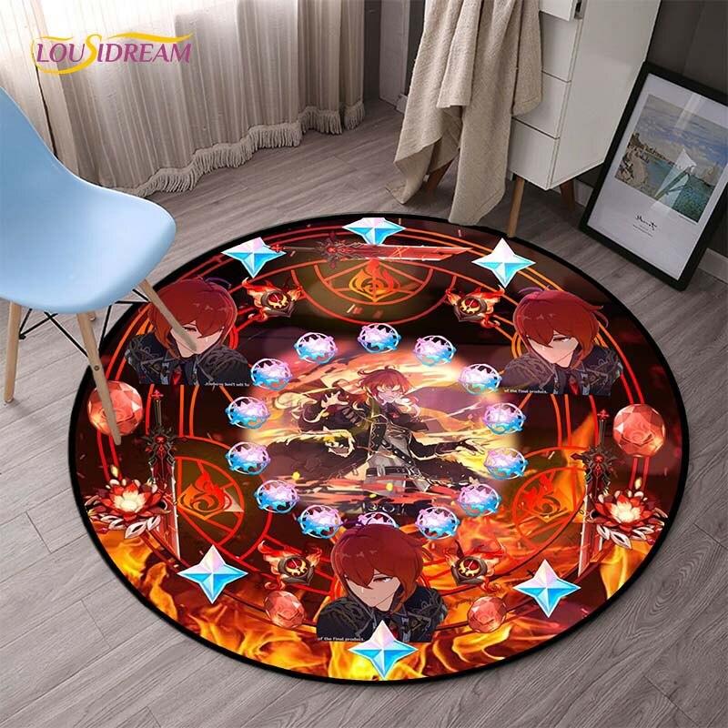 Genshin Impact Runde Teppiche für Schlafzimmer, Cartoon-Teppiche für Wohnzimmer, Kinder, weicher Teppich, rutschfeste Bodenmatte, Heimdekoration, Camping, Picknick