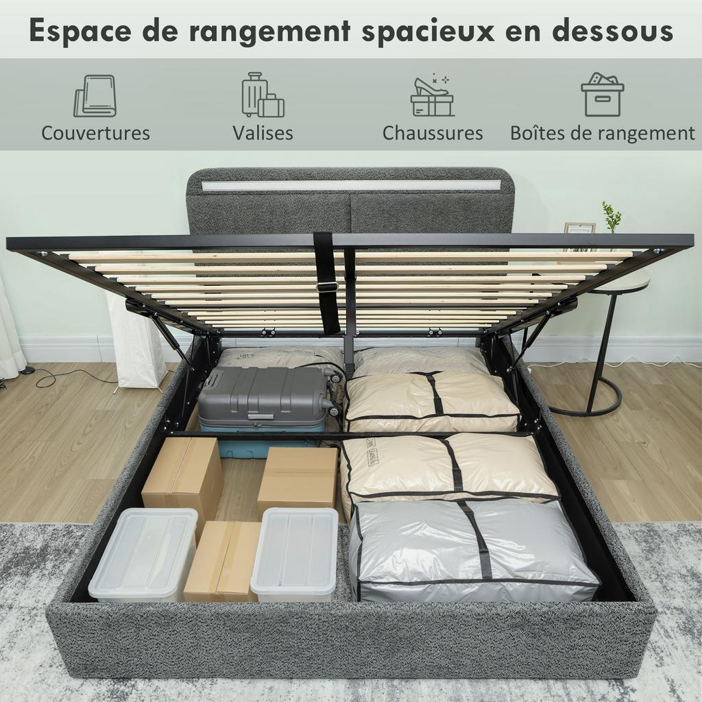 Storage Bed 140 X 190 Cm with LED Lighting, Adjustable Headboard, Double Bed Frame, Wooden Slatted Base, Grey