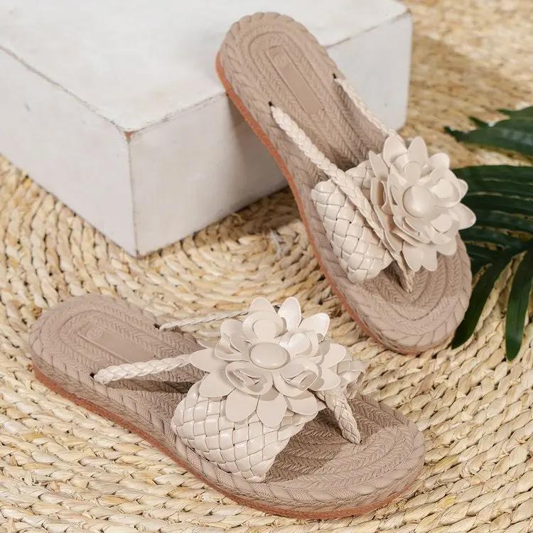 Damen Mode Freizeit Schuhe Flach Urlaub Feiertags Hausschuhe für Frau Geflochtenes Blumenmuster Offene Zehen Strand Flip Flops 2026