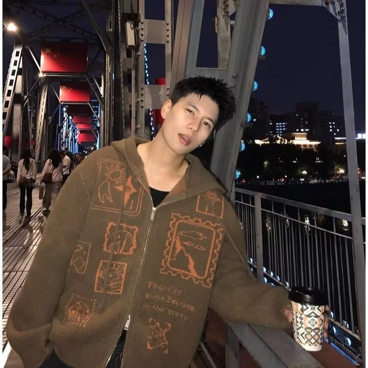 Herren Kapuzen-Retro-Farbblock-Strick-Cardigan-Pullover, Old Money Stil Herbst Winter Oberbekleidung