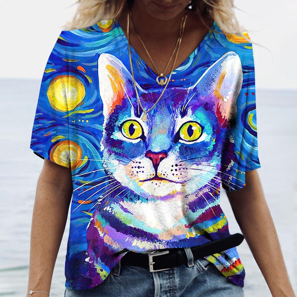Kawaii Cute 3D Printed Cat Women's T-shirt Women's Clothing Short Sleeve V-neck Summer T-shirt