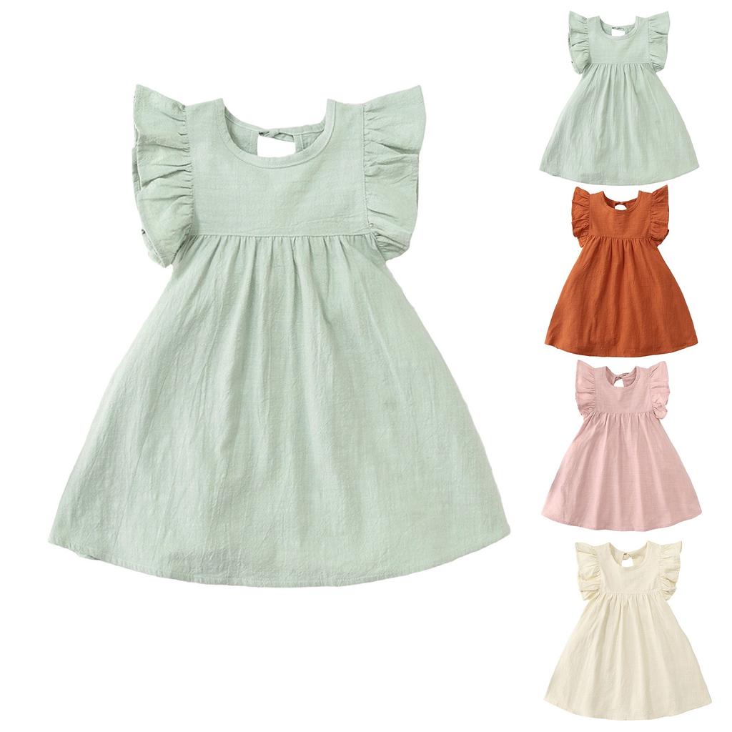 Summer Children's Dress Girls Fashion Princess Flying Sleeve Solid Color Cute Dress