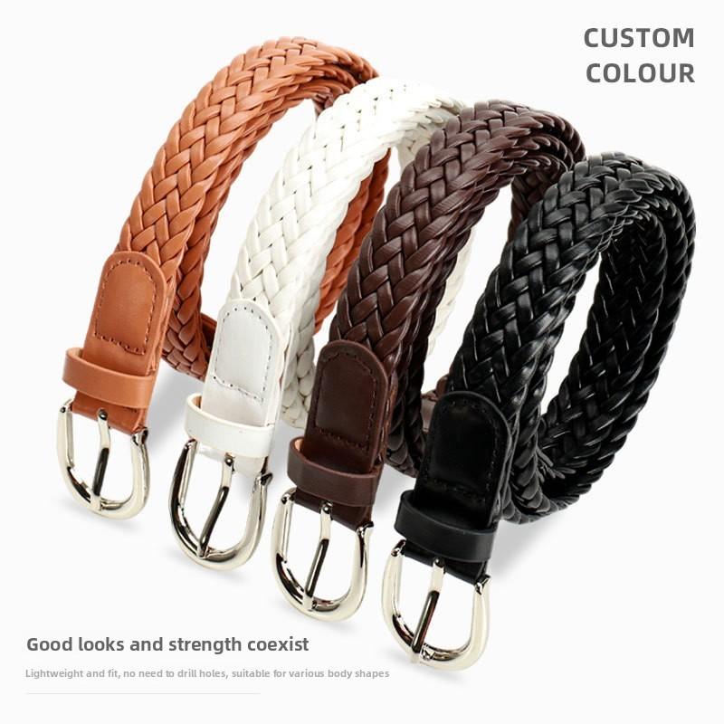 Solid Simple Color Metal Buckle No Punching Imitation Leather Woven Belt Women