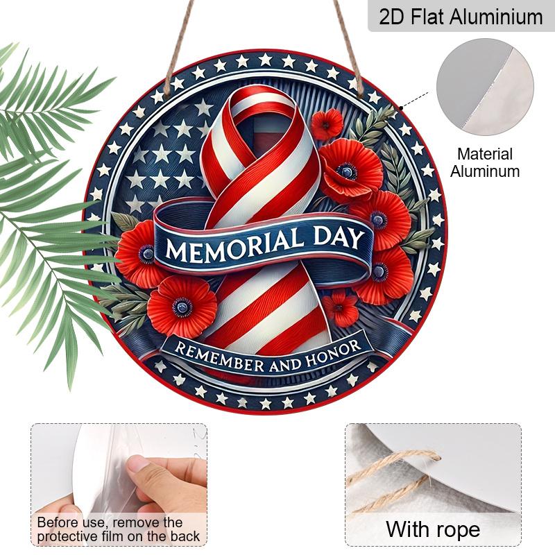 2D Flat, 1pc Round Memorial Day "Remember And Honor" Aluminum Hanging Sign, Patriotic USA Flag Ribbon Poppy Flower Design, Weatherproof Metal Wall