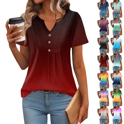 Women's Short Sleeve Tops Summer V-Neck T Shirts Casual Pleated Blouse Loose Print Basic Tee