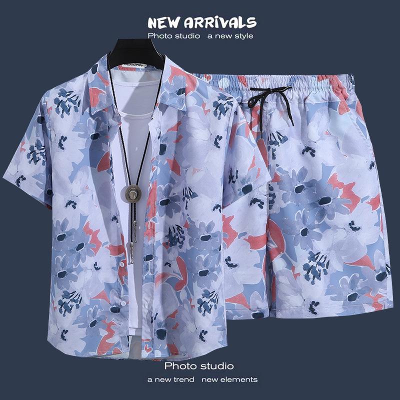 Men's Hawaiian Style Floral Summer Short Sleeve Shirt & Shorts Set