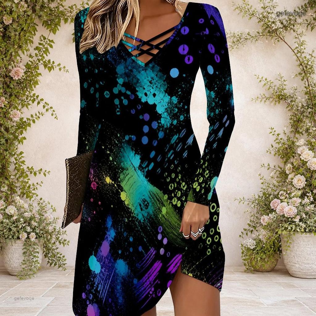 Women Criss Cross V Neck Long Sleeve Multicolor Printed Fitted Curved Hem Dress
