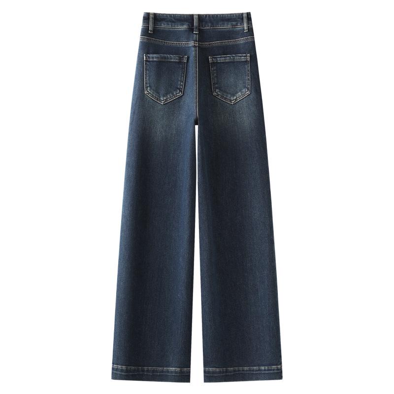 Dark Blue Retro Loose Fit Women's Wide-Leg Jeans - Autumn/Winter 2024, Floor-Length Narrow Straight Leg, Slimming Design.