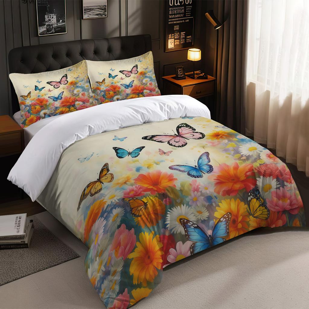 3-teiliges Bettwäscheset ohne Füllung mit Schmetterlingsgarten-Print, verschiedene Größen, geeignet für Schlafzimmer, Studentenwohnheime, bequem, maschinenwaschbar