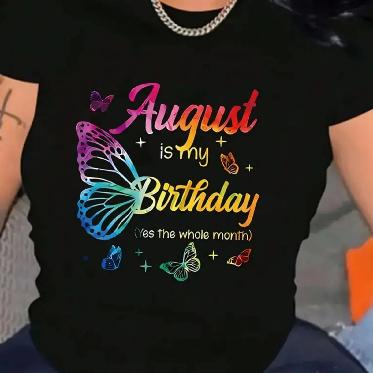 Ladies casual summer T-shirt August is my birthday butterfly and colorful letter print round neck fashionable top plus size XXXXXL разноцветный