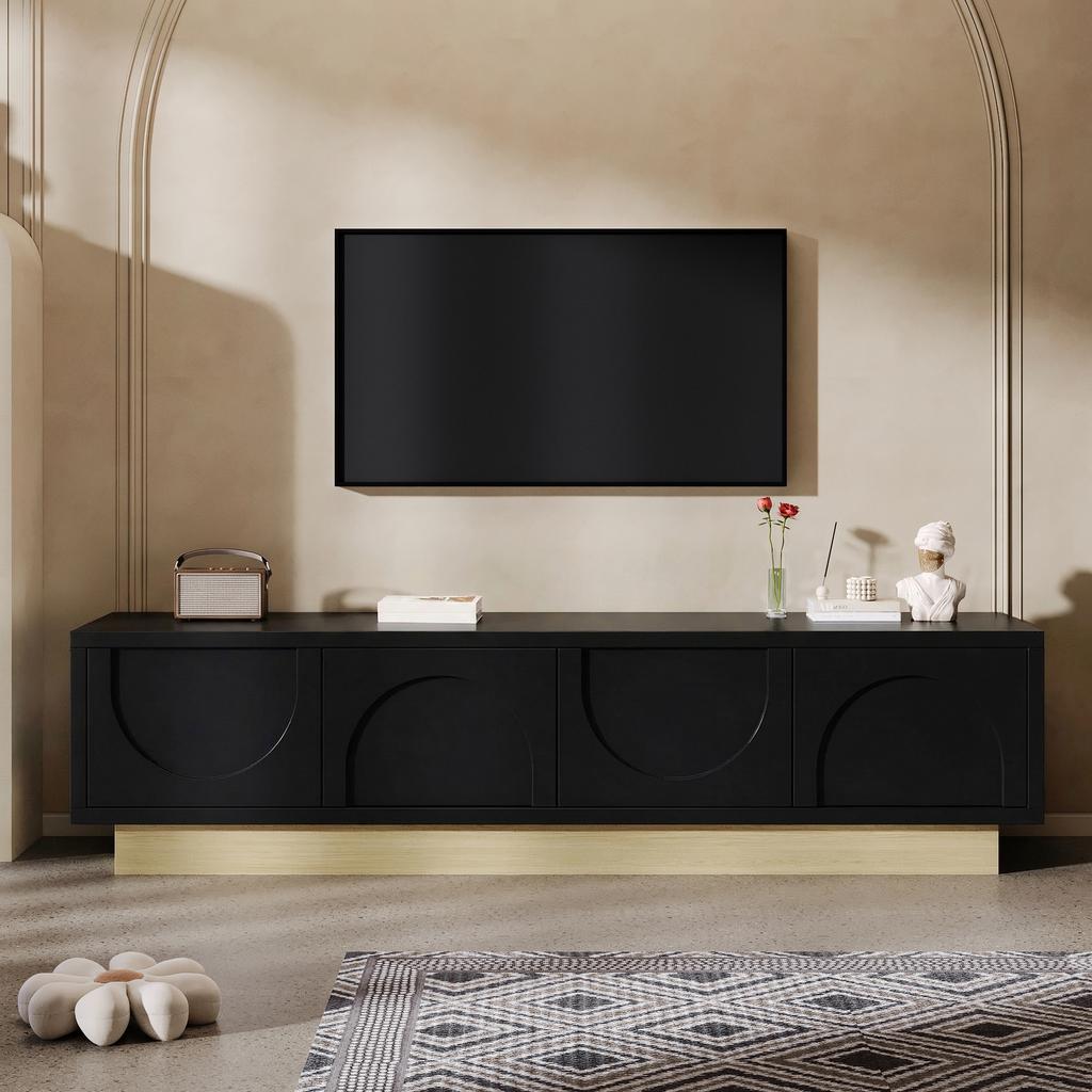 Modern Black TV Stand with Wood Grain – 175 Cm – Minimalist, Curved Design – Plenty of Storage Space and Cable Management