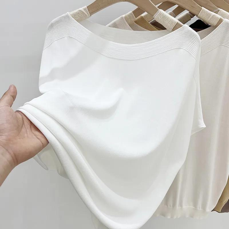 Tricouri subțiri de vară pentru femei, stil simplu, din mătase artificială, cu mânecă scurtă, gât rotund, uni, casual, largi, topuri tricotate