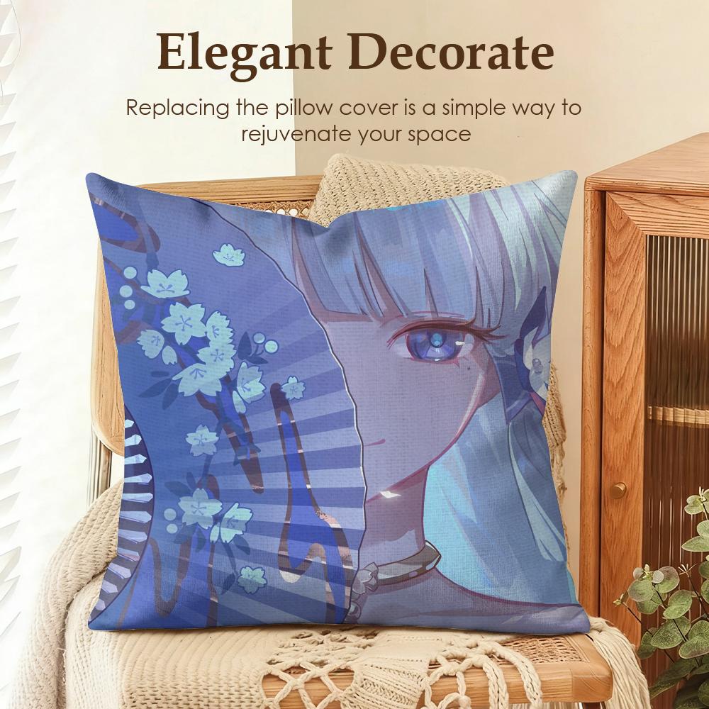 Kamizato Ayaka Genshin Impact Cushion Cover Natural Linen Organic Fabric DoubleSided Printing Sofa Home Decor Gift Pillow Case