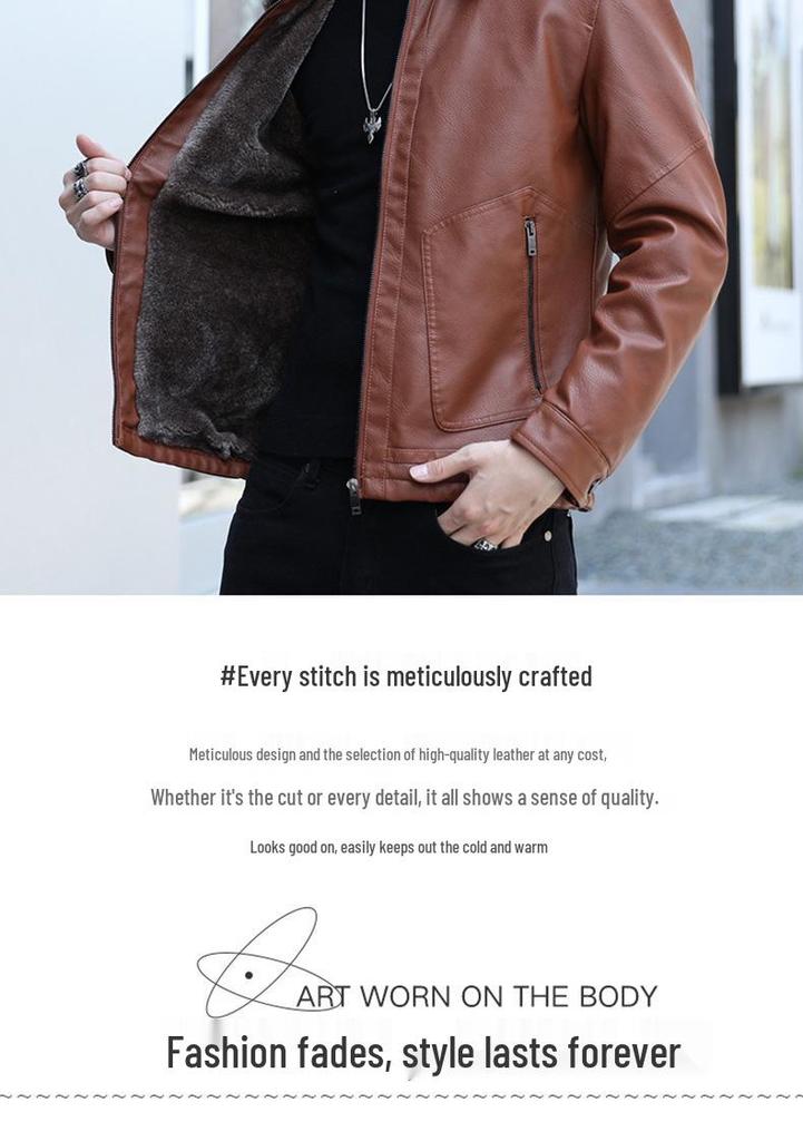 Men's Thick Leather Jacket with Fleece Lining - Lambswool, PU Leather, Lapel Collar, Warm Casual Coat for Spring & Autumn.