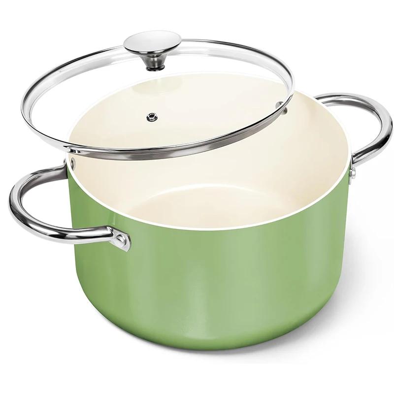 

MICHELANGELO 6QT Stock Pot with Lid Nonstick Cooking Pot Soup Pot with Ceramic Coating Induction Compatible Double handle pot зелёный