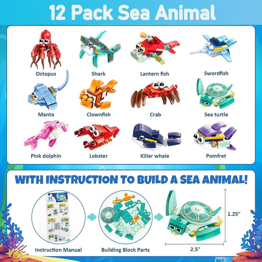 12 in 1 Pre Filled Marine Organism Building Block Set-12 Pcs Mini Building Blocks Toys, STEM Building Blocks Toys