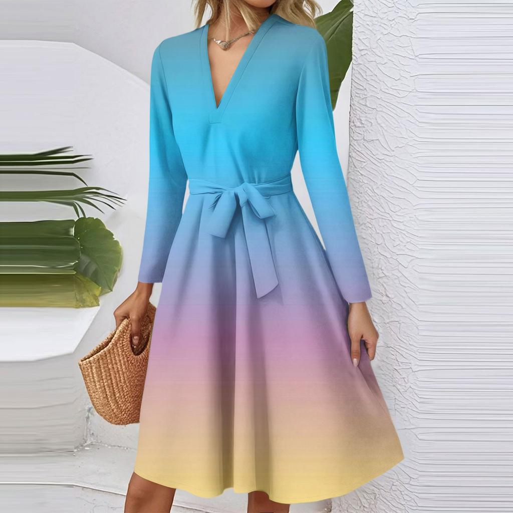 Women's Fashion Casual V-Neck Long Sleeve Waist Gradient Printed Midi Dress
