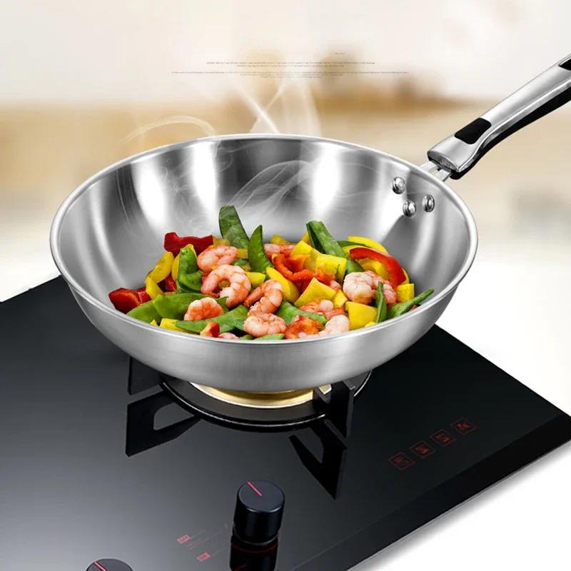 32cm Fume-free Non-stick Pan Wok 304 Stainless Steel Frying Pan with Glass Cover Household Uncoated Wok Cooker Gas Suitable