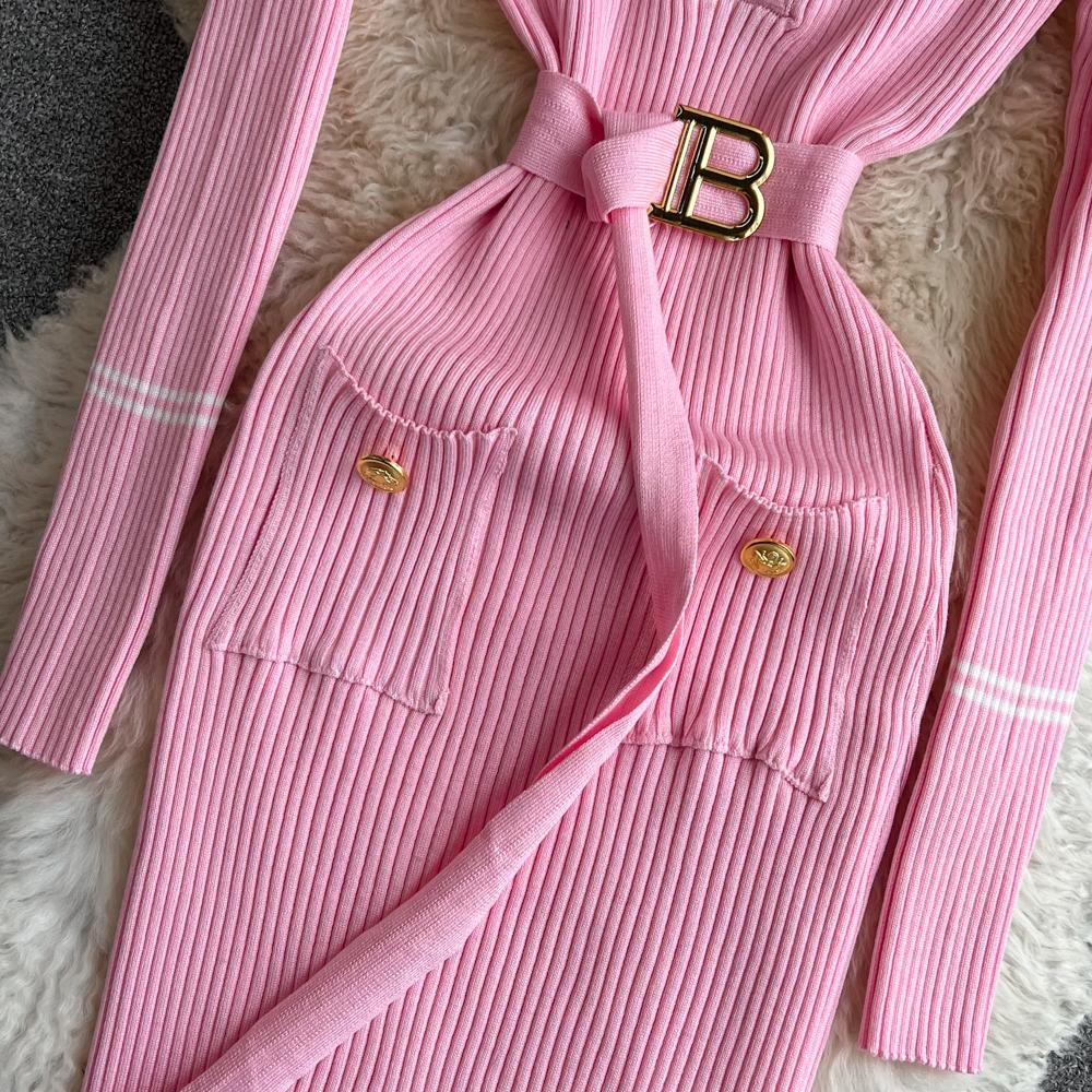 Women Dress  Autumn Winter Elegant Rib Knit Long Pencil Dress with Belt Office Lady Bodycon Sweater Dress