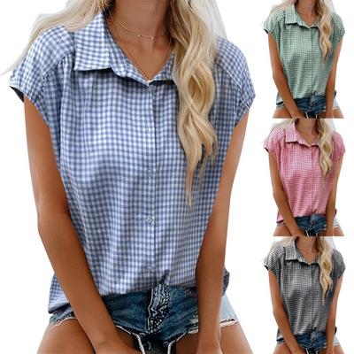 Sommer Neu Damen Knopfleiste Kurzarm Hemd Kragen Lässig Kariertes Oberteil