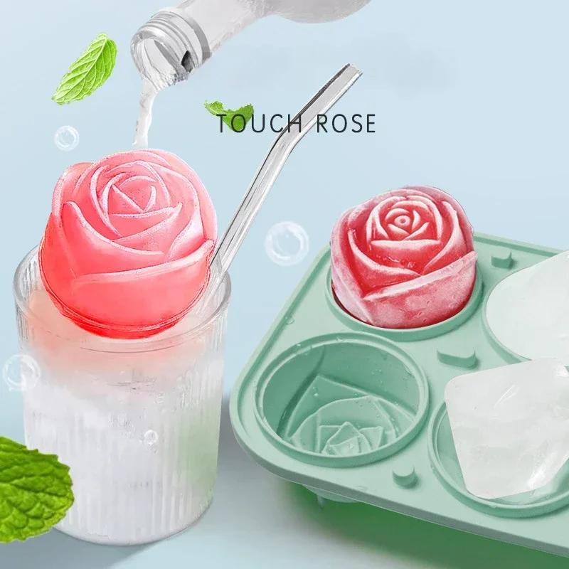 4 Grid Ice Cube Tray 3D Rose Diamond Round Ice Cube Molds Flower Shape Silicone Ice Maker Kitchen Bar Utensil Tool Accessorise