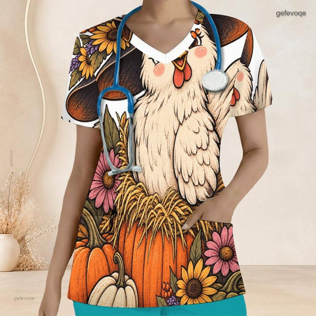 Women Plus Size Halloween Ghost Pumpkin Printed Scrub Top V Neck Short Sleeve With Front Pockets