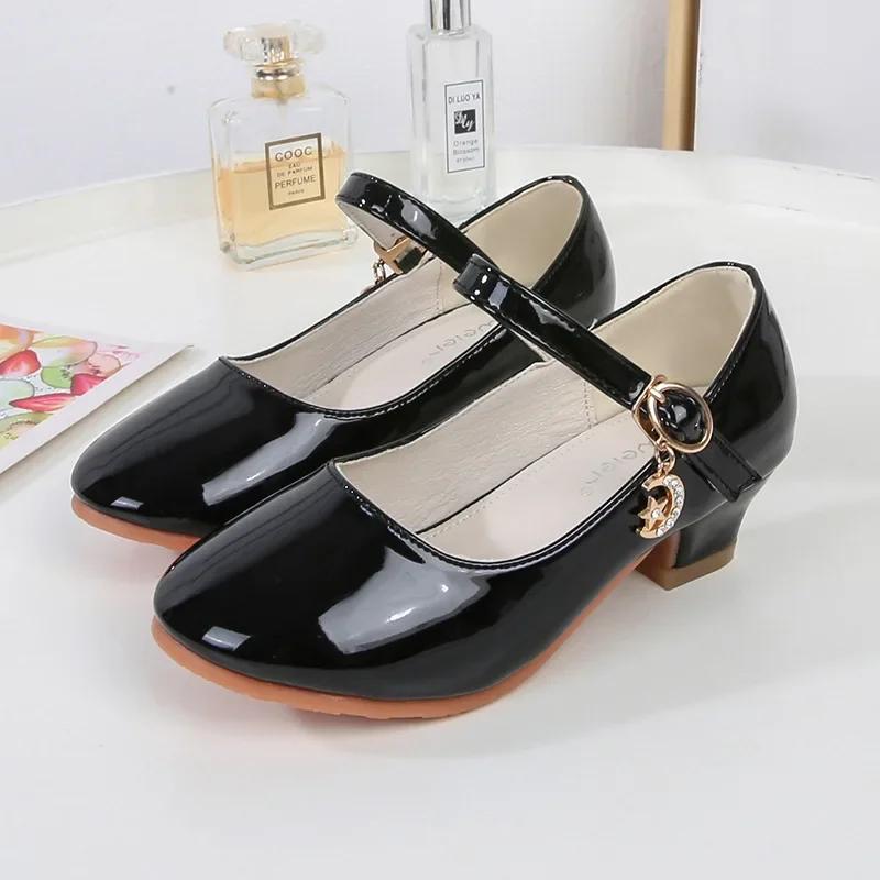 

Girls Children Mary Jane Shoes Fashion Princess Low Heels Versatile Glossy Black Kids Non-slip Leather Shoes for Party Wedding 38