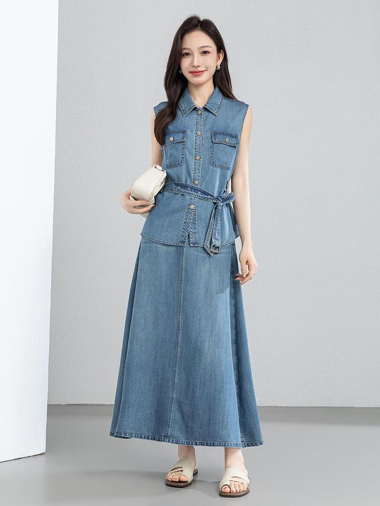 Vintage Charm Denim Vest & Skirt Set - Waist-Cinching Lace-Up, Sleeveless Lapel Top for Versatile Style