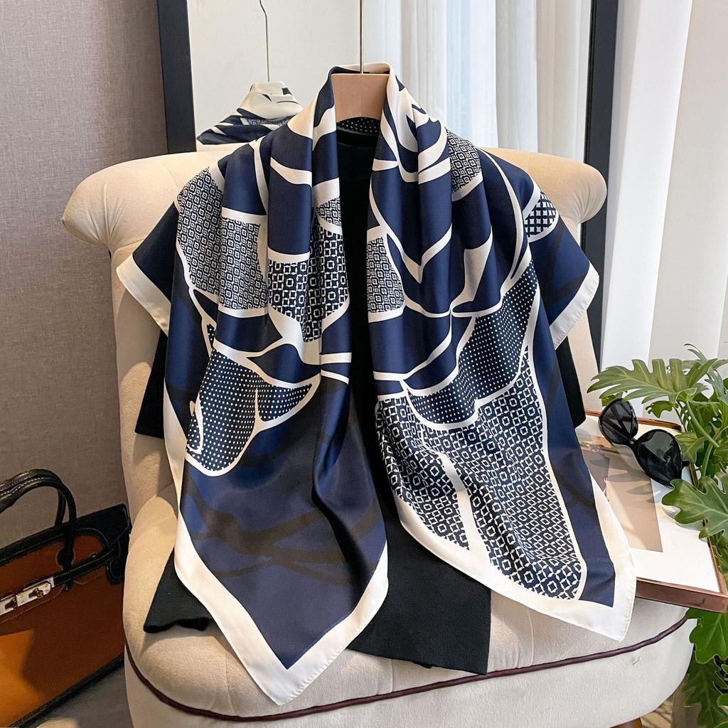 Big Flower Diagonal Silk Pattern Large Square Scarf 90 Fashion Retro Printing Imitation Silk Shawl Scarf Headscarf Women