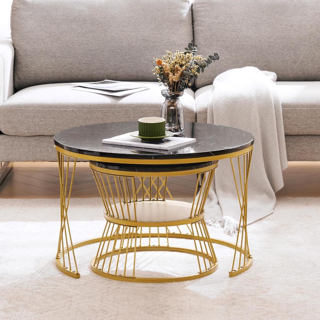 Couchtisch 2er Set, Hochglanz Wohnzimmertisch, Coffee Table mit Stauraum, für Wohnzimmer, Balkon, Metallgestell, Gold und Schwarz