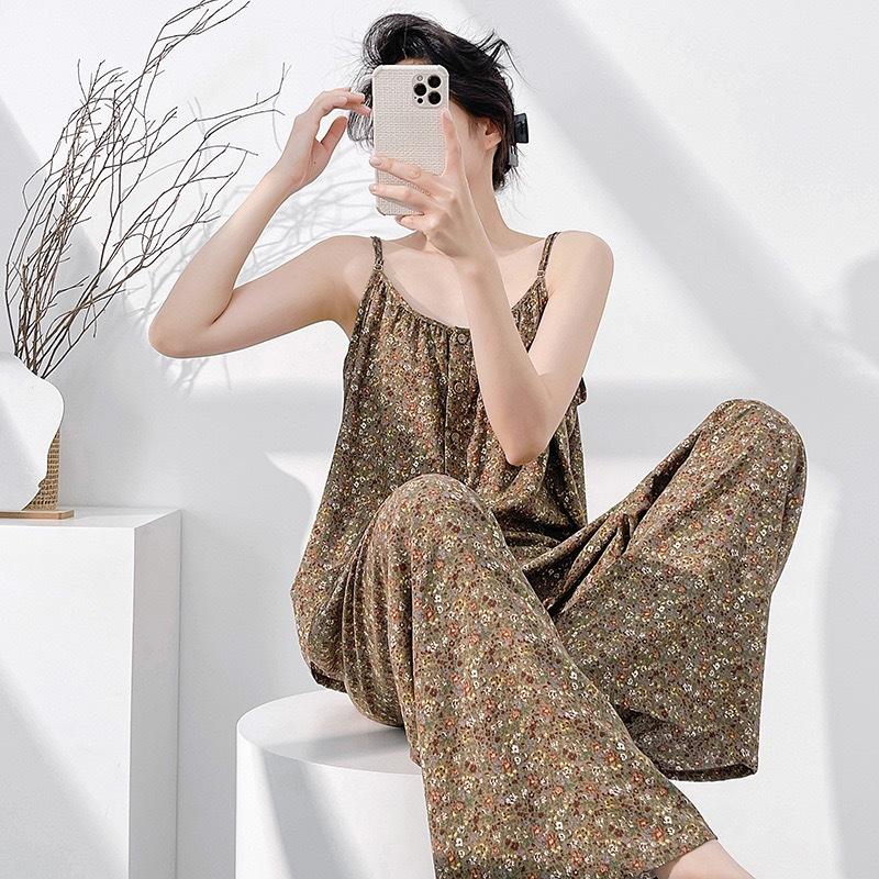 Summer thin cotton and silk suspender skirt women's loose printed loungewear dress can be worn outside lazy style pajama set