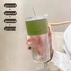 Striped Glass Tumbler Set with Lid, Straw & Green Sleeve
