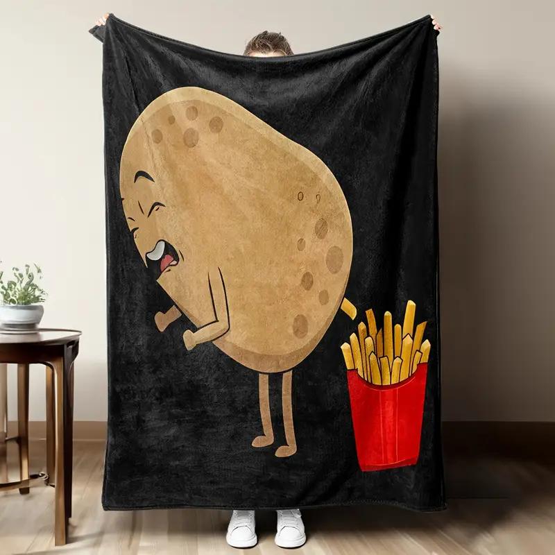 

1pc Flannel Blanket, Cartoon French-Style Fries Design for Potato Lovers, Soft Warm Cozy Sofa Bed Office Throw, Small Blanket 30x40in