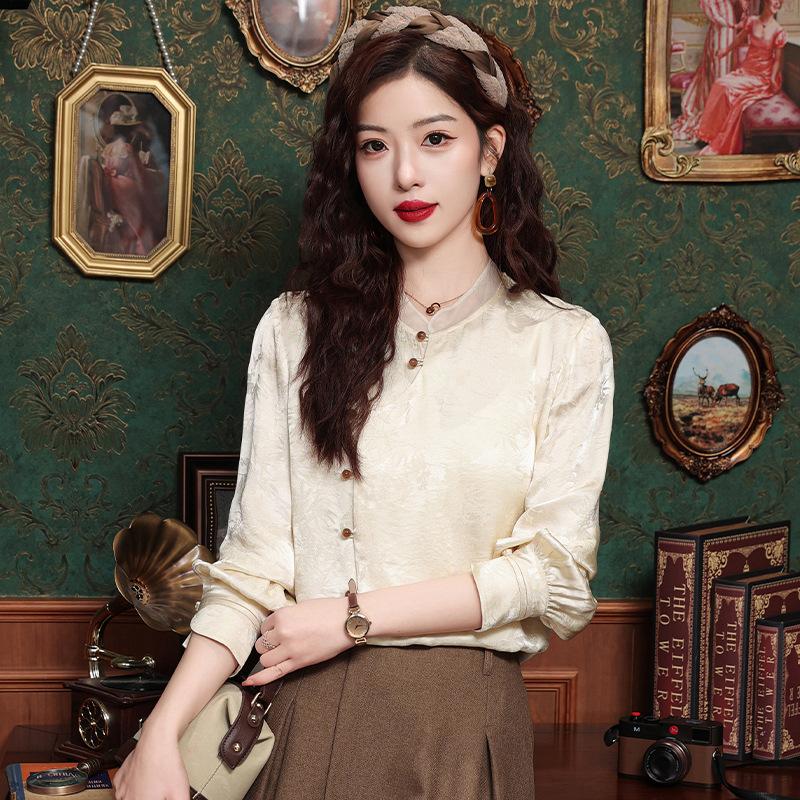 Plate Button Shirt Women's Spring and Autumn Retro Tang Dynasty Oblique Placket Long-sleeved Blouse