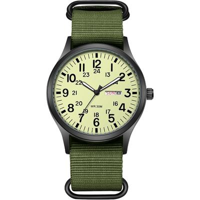 Outdoor Military Men's Analog Watch Nylon Strap Quartz Calendar Luminous Index Date Day Large Dial Waterproof Green