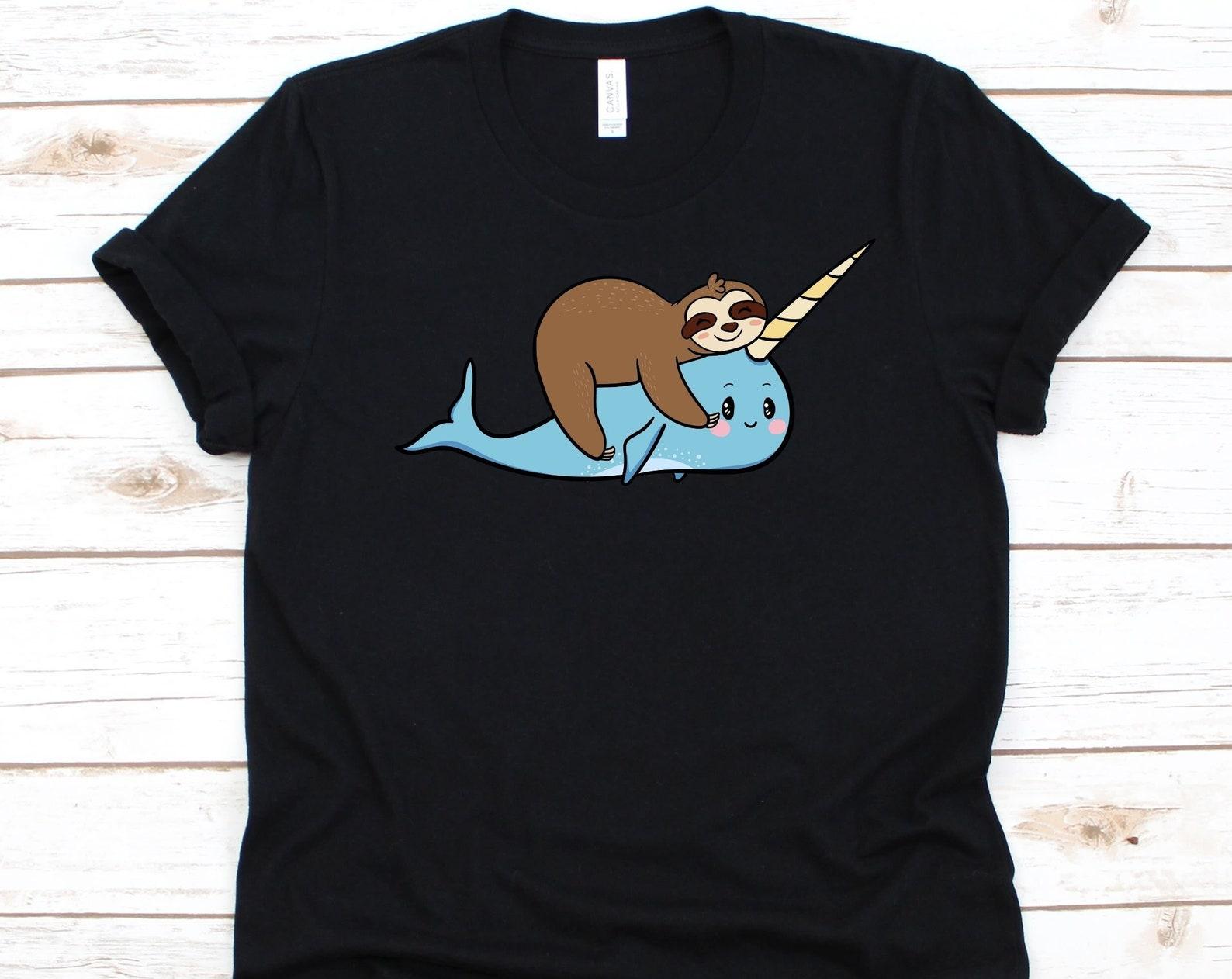 Sloth Riding Narwhal Shirt, Narwhale Lovers Gift, Whale Species, Narwhal Tusk, Sea Unicorn, Arctic Whale, Sloth Design, Folivora Graphic 3XL